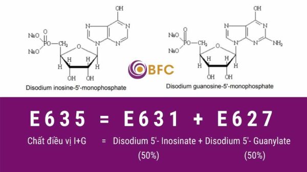 Công thức hóa học chất điều vị E635 là sự kết hợp của các chất E631 và E627